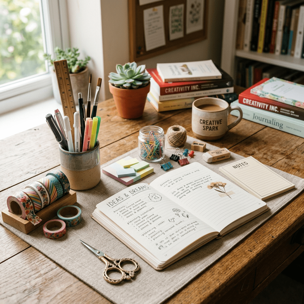 Notebook open to Ideas & Dreams page with pens, washi tapes, scissors, and coffee mug on wooden desk